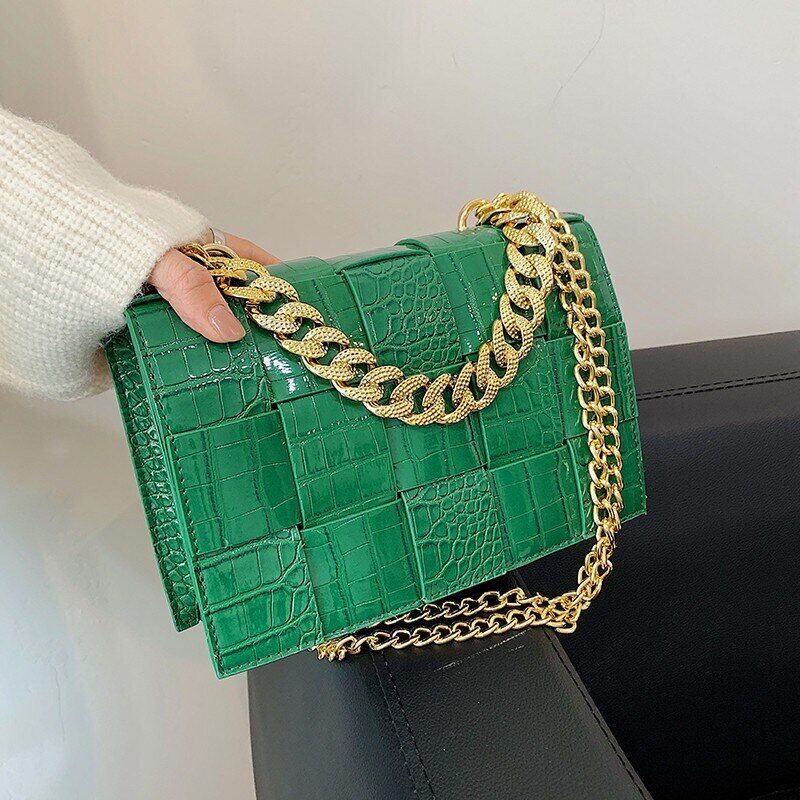 Pattern Pu Leather Bag Women Gold Chain Woven Square Bag Evening Party Clutch