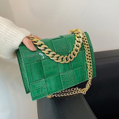Pattern Pu Leather Bag Women Gold Chain Woven Square Bag Evening Party Clutch