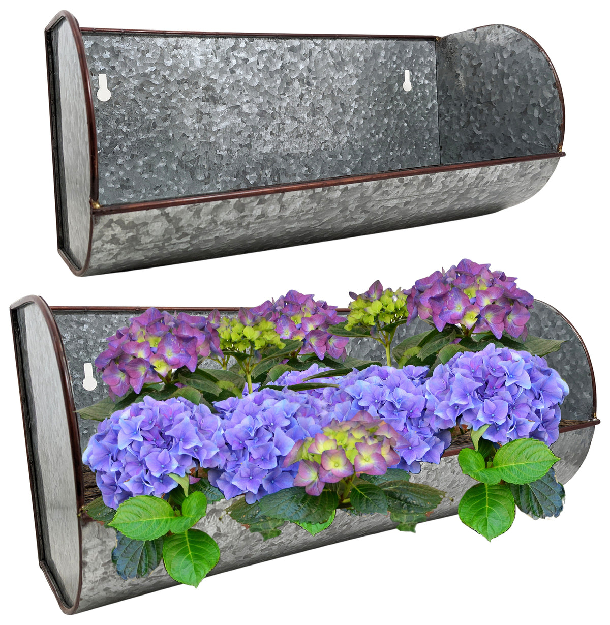 2 Piece Galvanized Wall Mount Flower Pot Set - 14" & 16" Long Planters