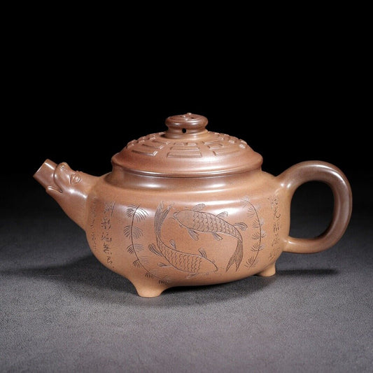 Vintage Chinese Yixing Purple Clay Teapot Zisha Ceremony A Pair Fish Teaware Art