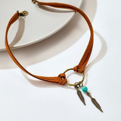 Women Necklace Alloy Brown Leather Chain Boho Choker Feather Bead Pendant 39.5cm