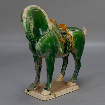 Chinese Tang Tri-Color Glazed Ceramics Green Porcelain Statue War Horse Model