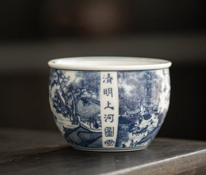 Chinese Ancinent Painting Blue and White Ceramic Solid Wine Mugs Tea Ceremony