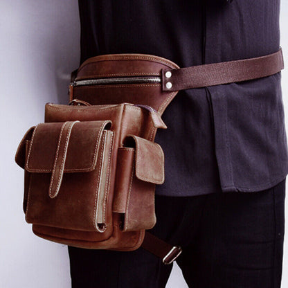 Crazy Horse Leather Leg Drop Bag Men's Motorcycle Thigh Hip Waist Fanny Pack