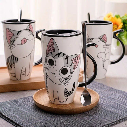 Creative Cat Ceramic Mug With Lid Spoon Cartoon Milk Tea Cup Porcelain Mug Set