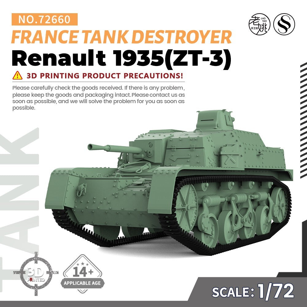 SSMODEL 1/72 25mm Military Model Kit France Renault 1935(ZT-3) Tank Destroyer