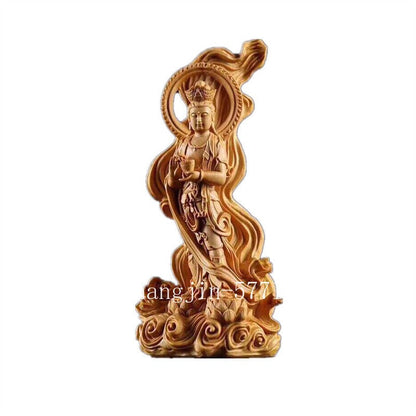 Chinese Cypress Wood Hand-carved Avalokiteshvara Buddhism Kwan-yin Lotus Statue