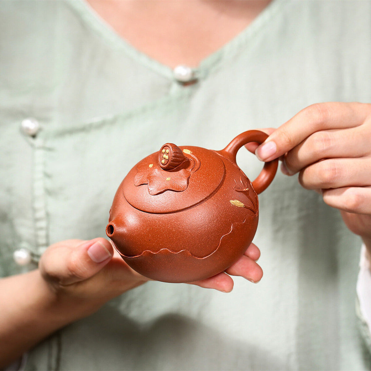 Chinese Original Ore Yixing Zisha Tea Pot Marked Handmade Lotus Embossed Pot New