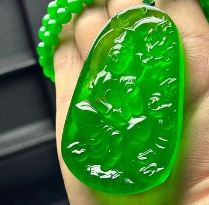 Natural Burmese Jade Imperial Green Dragon Guanyin Pendant Necklace Carving