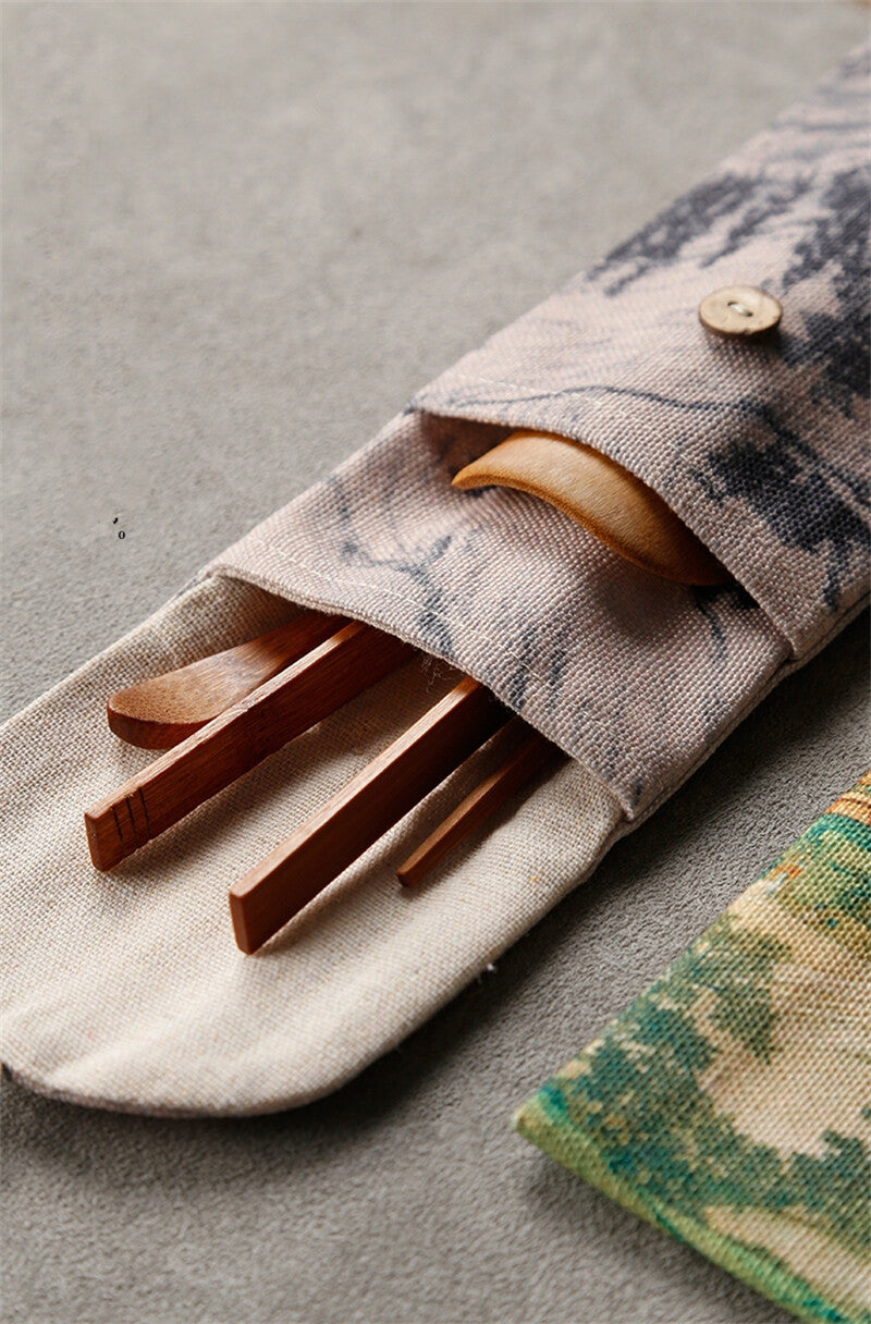 Cotton Linen Storage Bag Set Kung Fu Tea Set Bag Bamboo Tea Clip Accessories