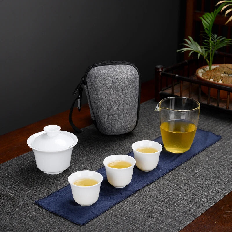 Chinese White Porcelain Kung Fu Tea Set Household Portable Travel Teapot Tea Cup