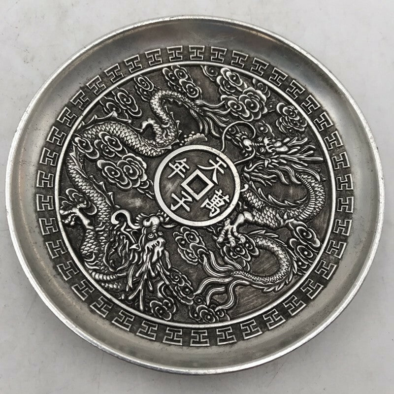 Exquisite Chinese tibet silver handcarved double Dragon plate decoration