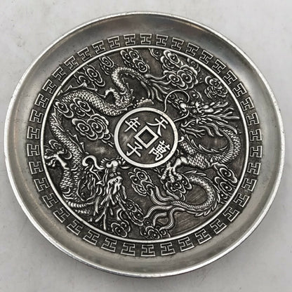 Exquisite Chinese tibet silver handcarved double Dragon plate decoration