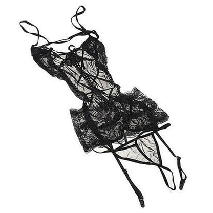 Black Women's Sexy Lingerie Babydoll Sleepwear Lace Dress G-string Nightwear Set