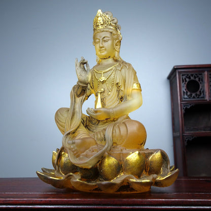 Collect China old Coloured glaze gilt carefully carve lotusbottle guanyin statue