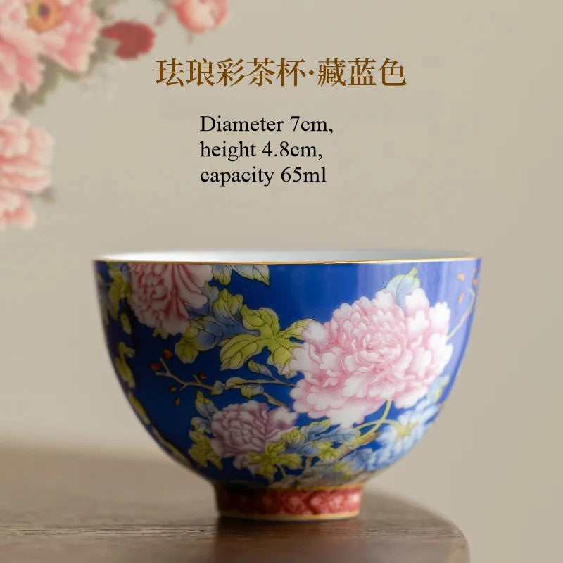 65ml Chinese Enamel Tea Cup Ceramic Peony Master Cup Tea Set Small Tea Bowl