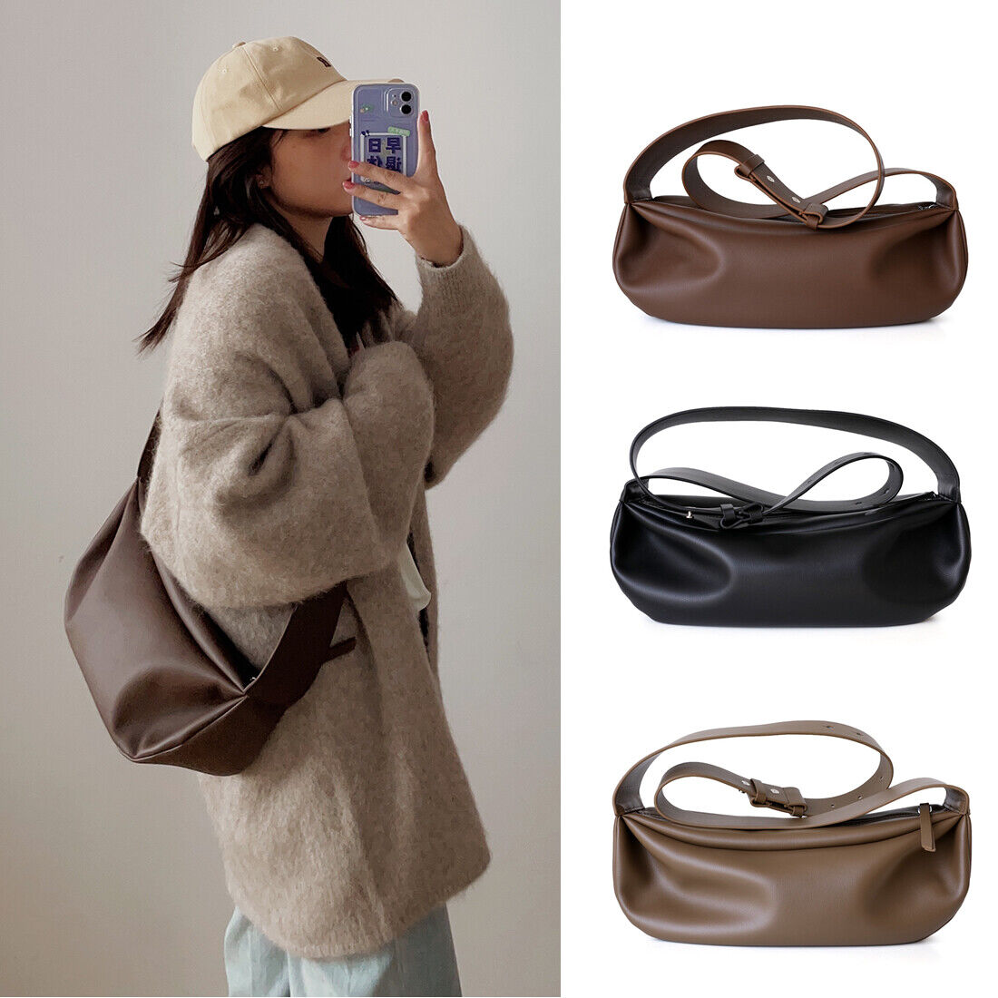 Wide Strap Real Leather Shoulder Bag Draped Pouch Crossbody Sling Bag Purse Hobo