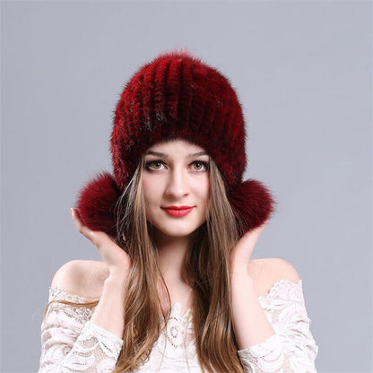 Winter Graceful Women Mink Fur Hats Real Knitted Fur Caps with Fox Fur Earflaps