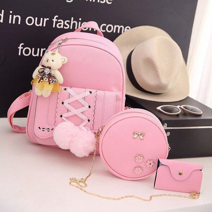 Leather Three Piece Backpack Sets Women Fashion Leather Backpack Card Holder 1PC