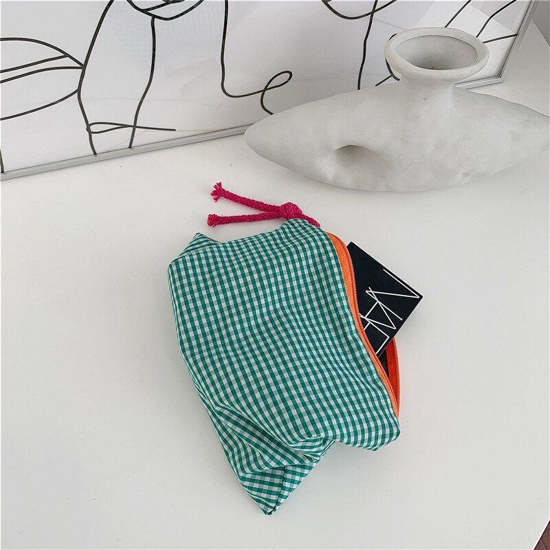 Plaid Cosmetic Bag Cotton Fabric Women Travel Makeup Zipper Pouch Wash Bag 22*17