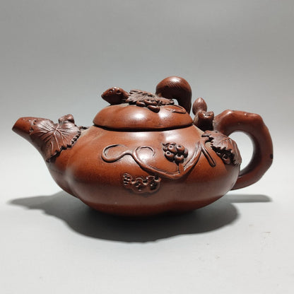 Vintage Chinese Yixing Purple Clay Teapot Zisha Ceremony Carving Squirrel Grape