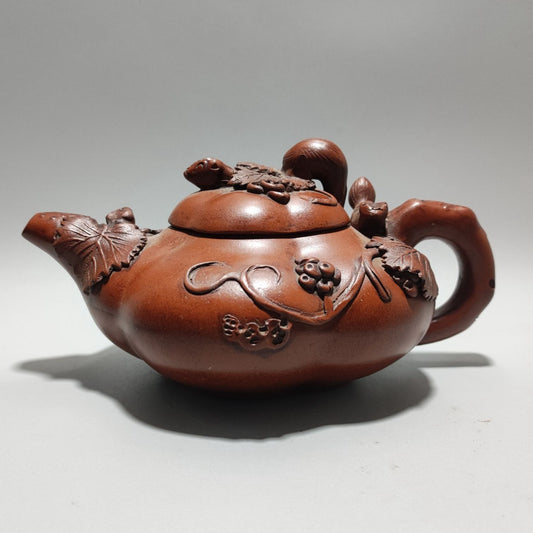 Vintage Chinese Yixing Purple Clay Teapot Zisha Ceremony Carving Squirrel Grape