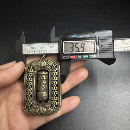 Vintage Brass Prayer Wheel Pendant Six-Word Mantra Chinese Ethnic Men's Amulet