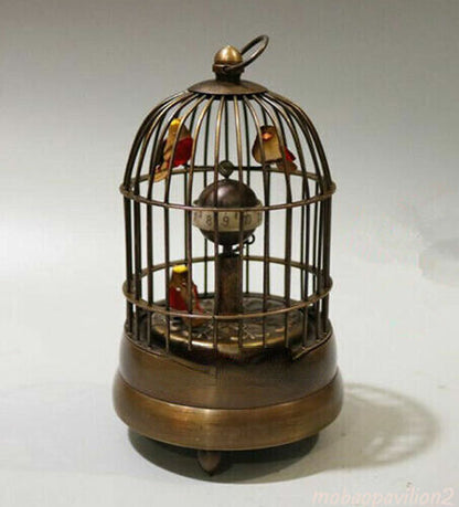 Old Collectible Decorated Copper Carved Bird in Cage Mechanical Table Clock