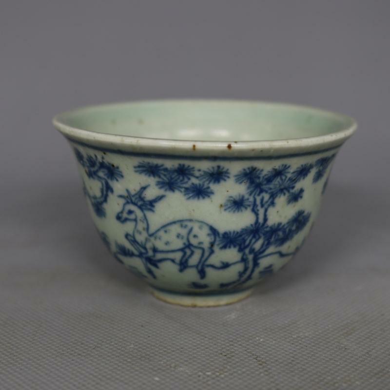 3.15 Inch Chinese Ming Blue and White Porcelain Deer Crane Design Teacup Cup