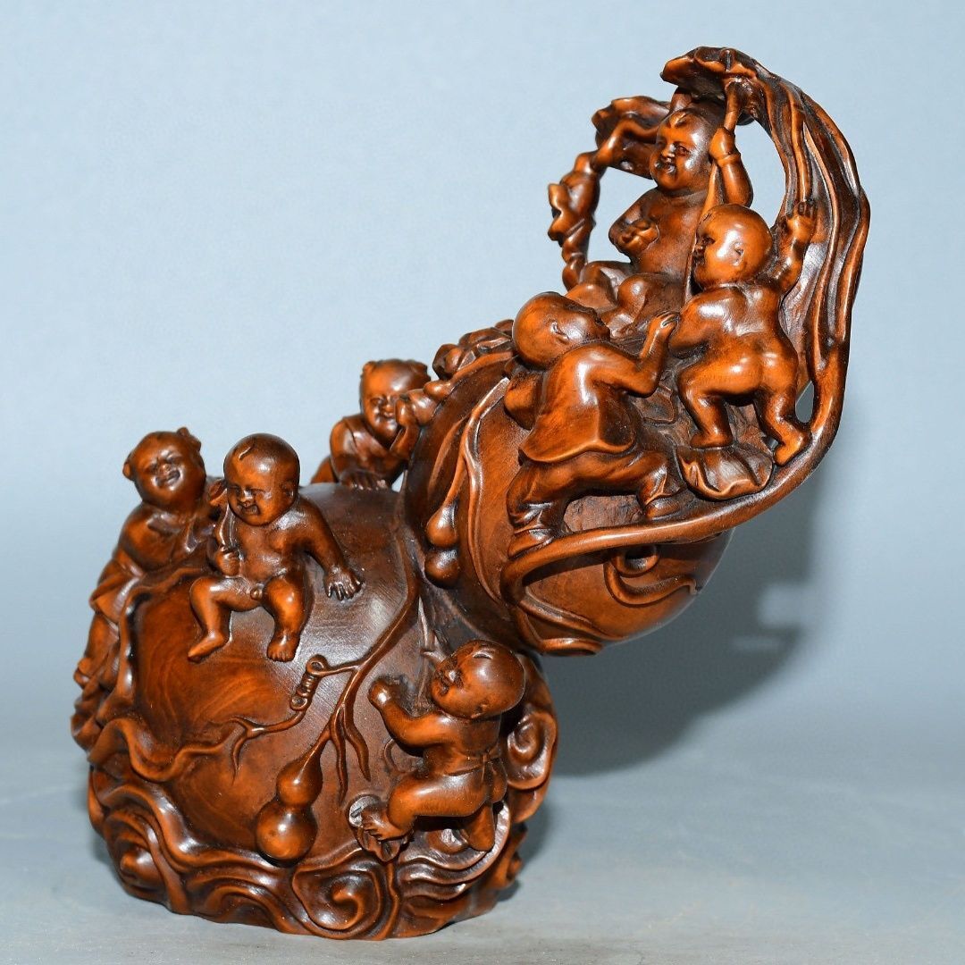 China Boxwood Hand Carved with Many Many Blessings Gourd Ornament Statue