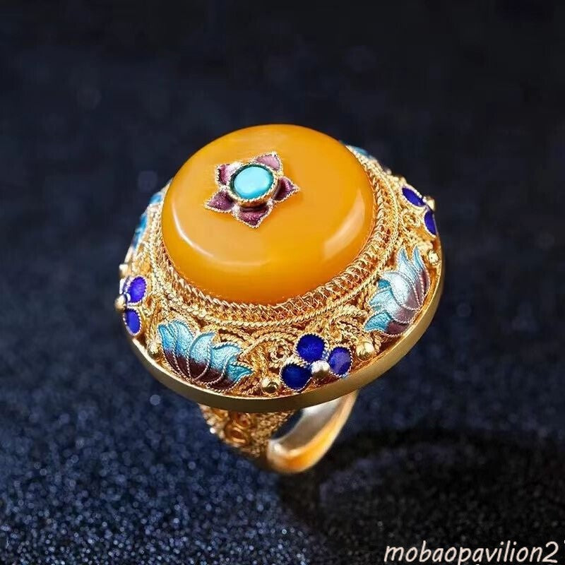Antique Old Chinese Cloisonne Silver Inlay Gems Flower Jewelry Figure Ring Gift