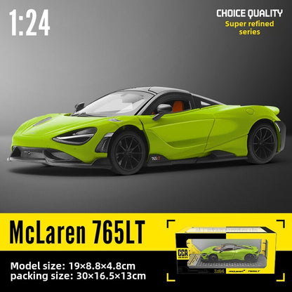 1:24 Diecast McLaren 765LT Supercar Metal Car Model Toy Sound Light Door Open