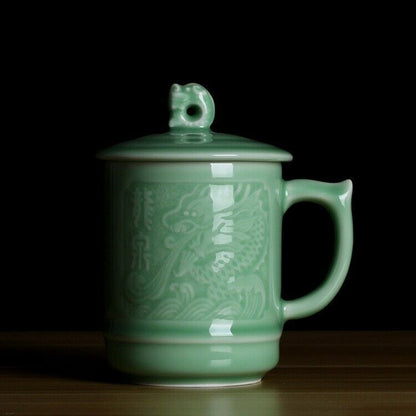 China Dragon Porcelain Tea Cups with Lid Coffee Mug Gift 13.5oz Office Water Cup