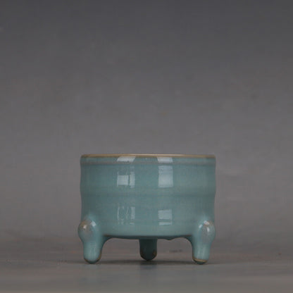 2.4" collection Chinese Song Ru Kiln Porcelain Celeste Glaze Three Foot Cup