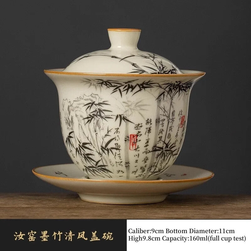 Chinese Ru Yao Porcelain Gaiwan Set Yellow Ceramic Opening Tea Bowls Chawan