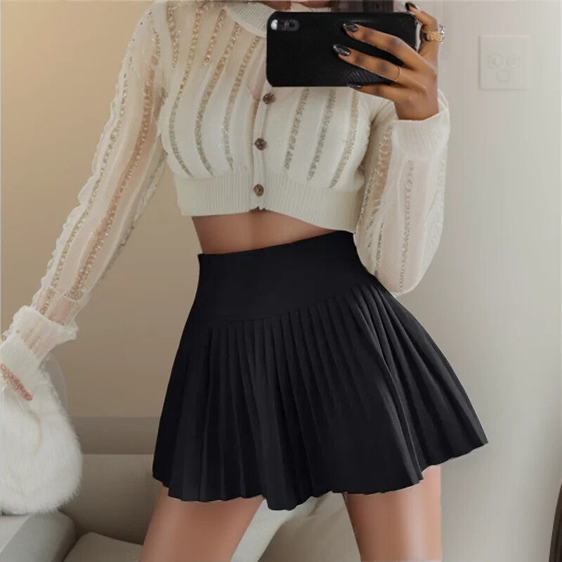 Summer High Waist Womens Sexy Mini Skirts Side Zipper Vintage Pleated Skirt