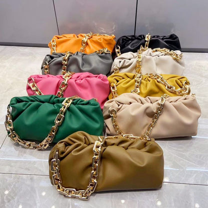 Genuine Cow Leather Handbag Thick Thin Chain Cloud Dumplings Clutch Shoulder Bag