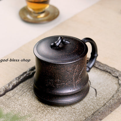 Real Authentic Yixing Zisha Purple Tea Cup Bamboo Carved Office Cup 380ml Mug