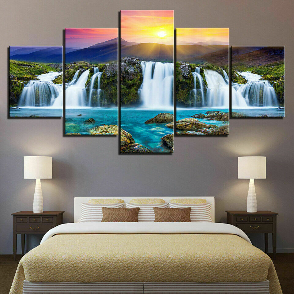 Mountain Waterfall in Sunshine Canvas Prints Painting Wall Art Decor Picture 5PC
