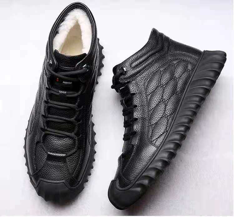 Winter Fur Lined Men's Warm Lace-Up Shoes Faux Leather High-Top Ankle Snow Boots