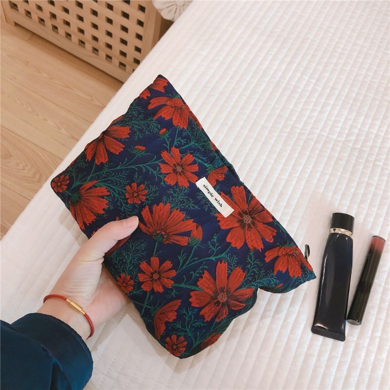 Retro Flower Print Cosmetic Bag Canvas Make Up Organizer Clutch Travel 5*27*18CM