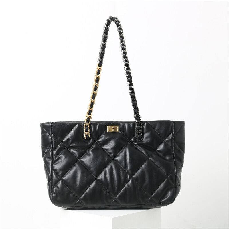 Quilted Lambskin Leather Black Tote w/ Chains Shoulder Bag Purse Handbag Fashion