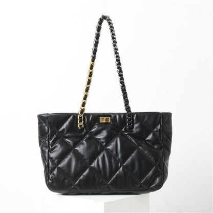 Quilted Lambskin Leather Black Tote w/ Chains Shoulder Bag Purse Handbag Fashion
