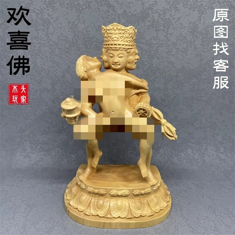 6" New Boxwood Tantra Buddhism Home Hevajra Yab-Yum Happy Love Buddha Statue