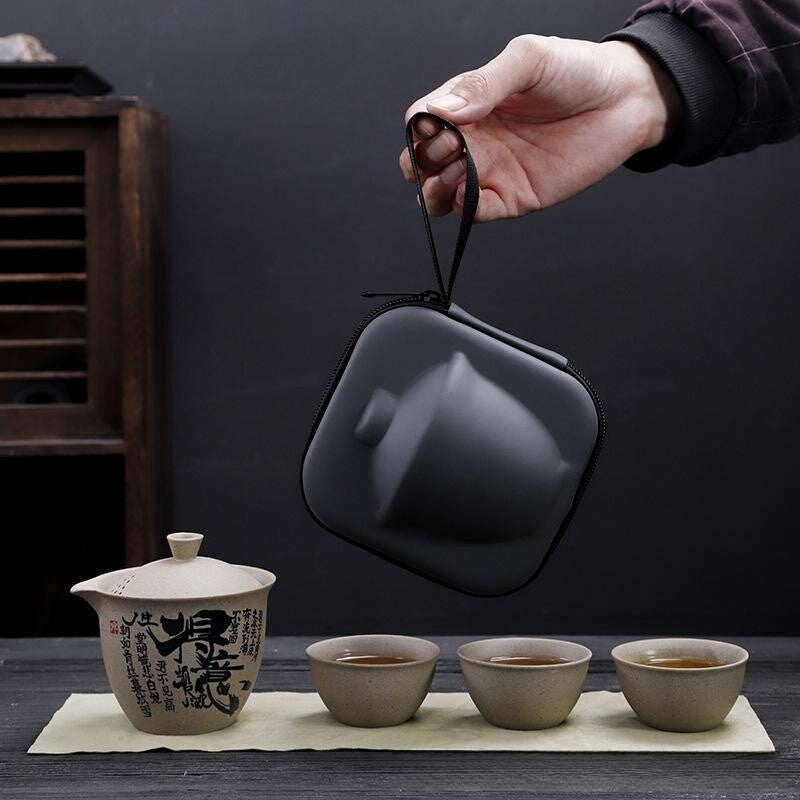Travelling Tea Set One Pot 3 Matching Cup Portable Bag Crude Pottery Tea Set New