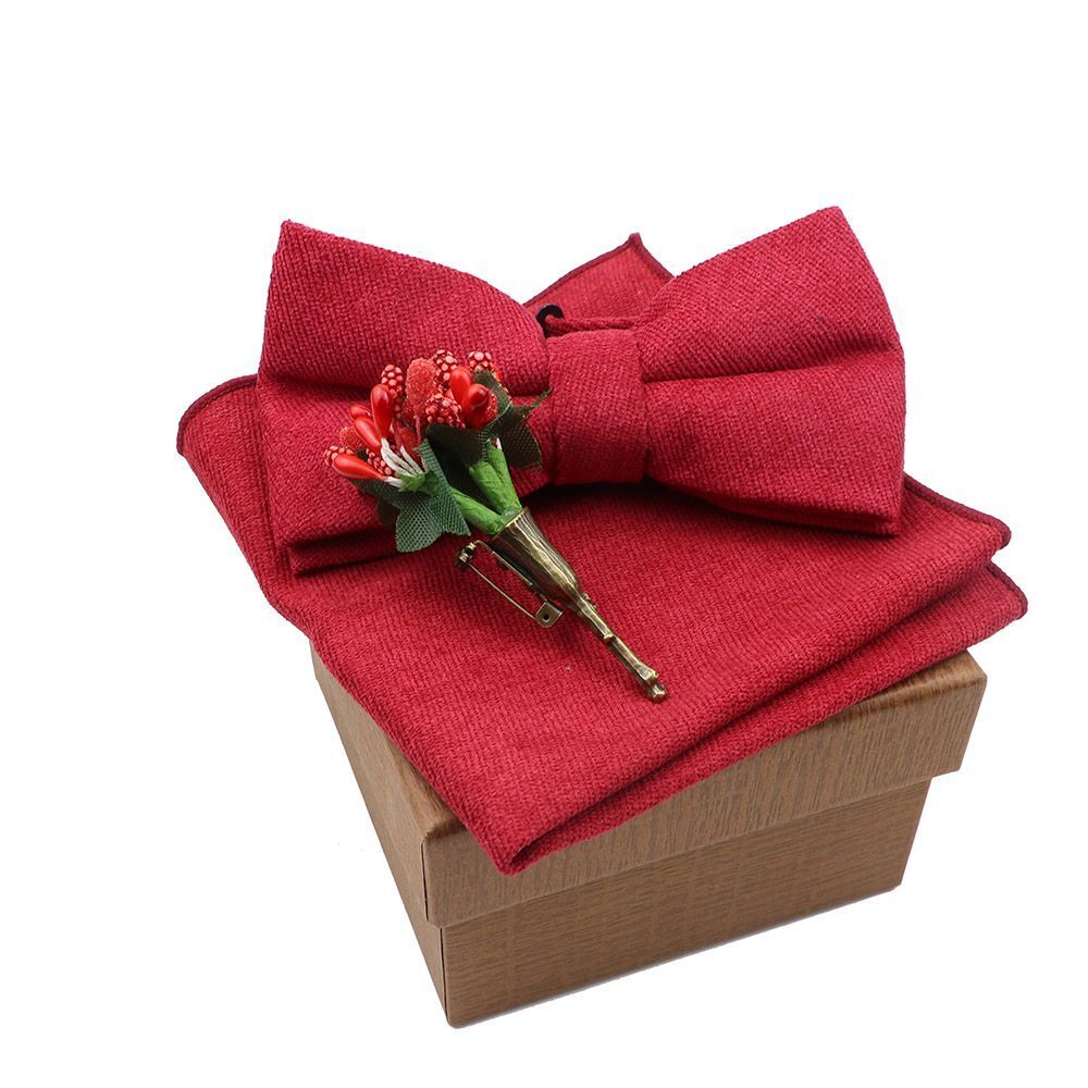 Men Bow Ties 3Pcs Cotton Handkerchief Flower Brooch Women Party Wedding Necktie