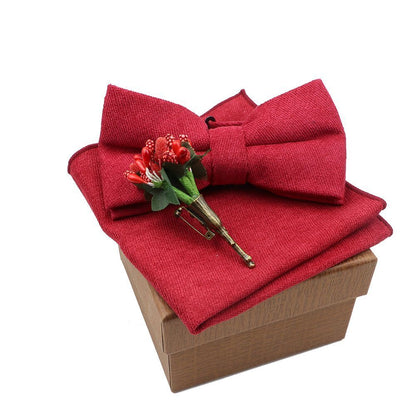 Men Bow Ties 3Pcs Cotton Handkerchief Flower Brooch Women Party Wedding Necktie