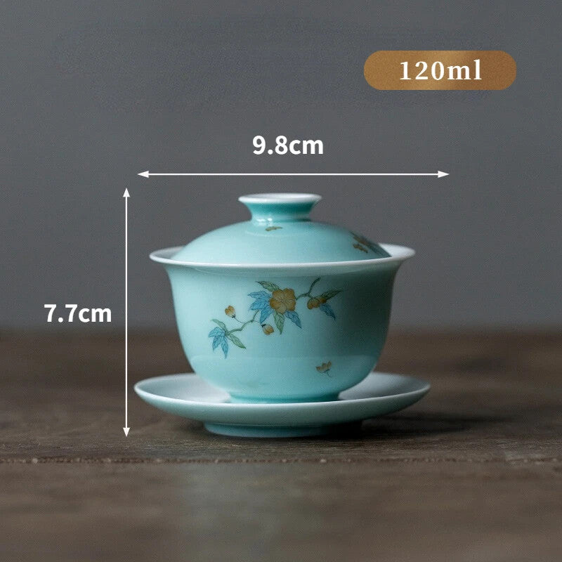 110ml Handpainted Spring Flower Ceramic Tea Tureen Retro Green Glaze Bowl Tea