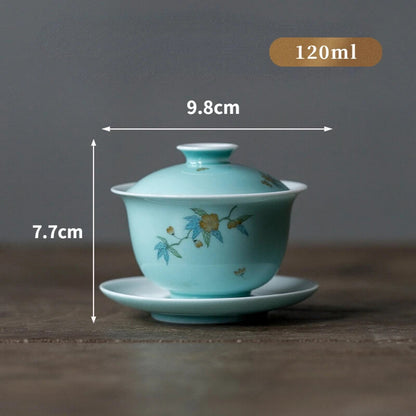 110ml Handpainted Spring Flower Ceramic Tea Tureen Retro Green Glaze Bowl Tea
