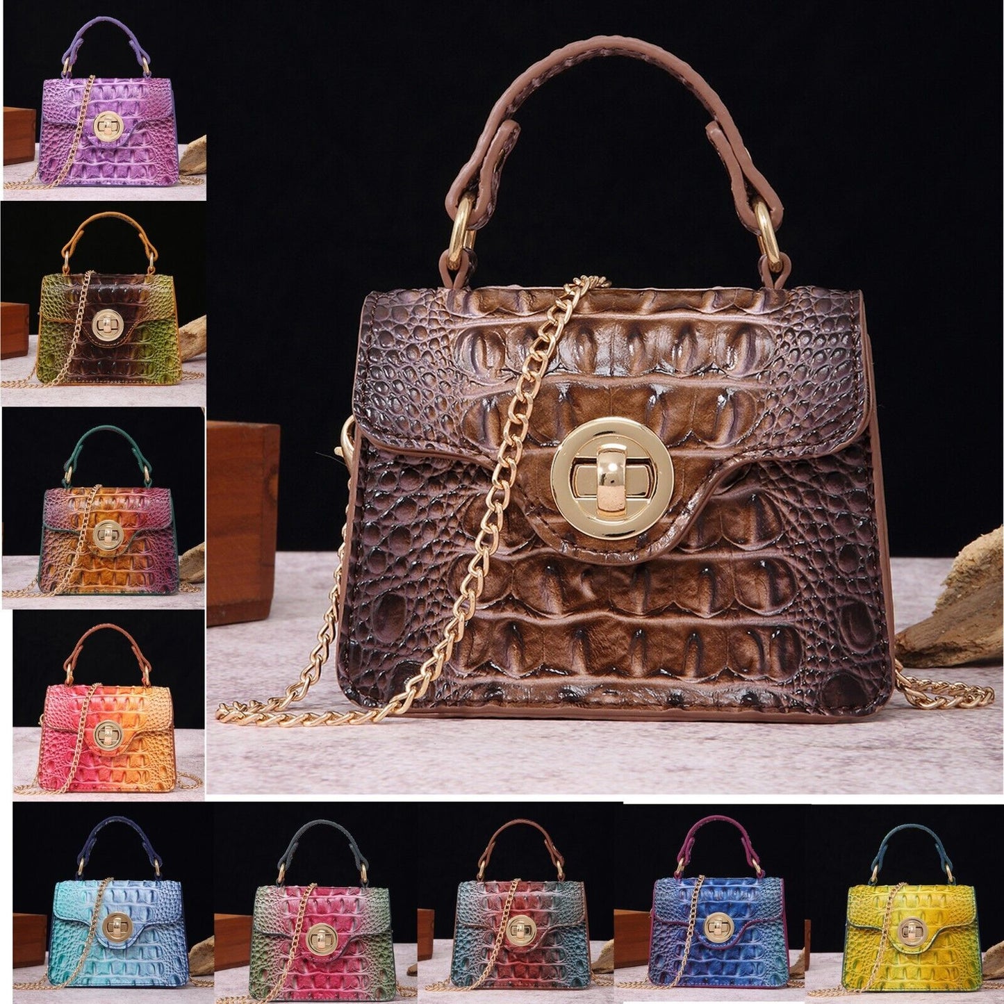 Patent Leather Women Small Handbag, Crocodile Print Colourful Chain Shoulder Bag
